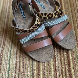 Brown and Leopard Women's Sandals with  Rhinestone Strap